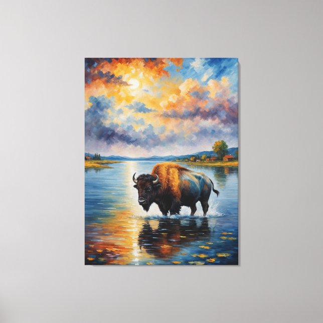 en målning av en buffel i en flod canvastryck (Framsida)