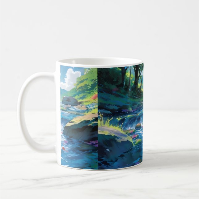 en målning av en flod med en målning kaffemugg (Vänster)