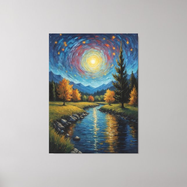 en målning av en flod med träd och berg canvastryck (Framsida)