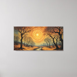 en målning av en flod som går genom en skog canvastryck