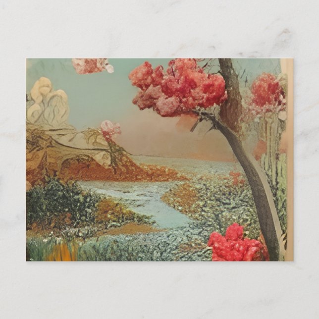 en målning av en hund på en filt bredvid en inbjudan vykort (Framsida)