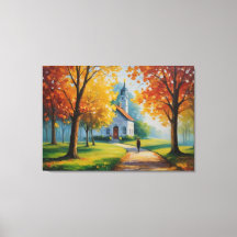 en målning av en kyrka och en byggnad