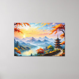 en målning av en pagoda och en flod canvastryck