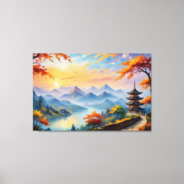 en målning av en pagoda och en flod canvastryck (Framsida)