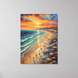 en målning av en strand med människor och paraplye canvastryck