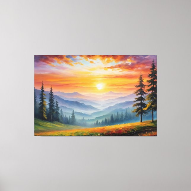 en målning av ett landskap med berg och träd canvastryck (Framsida)