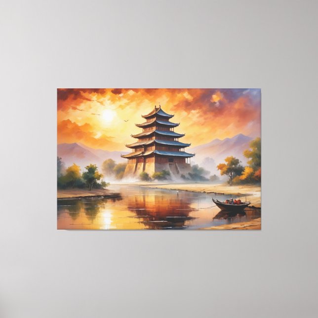 en målning av ett pagoda-byggnad vid en flod canvastryck (Framsida)