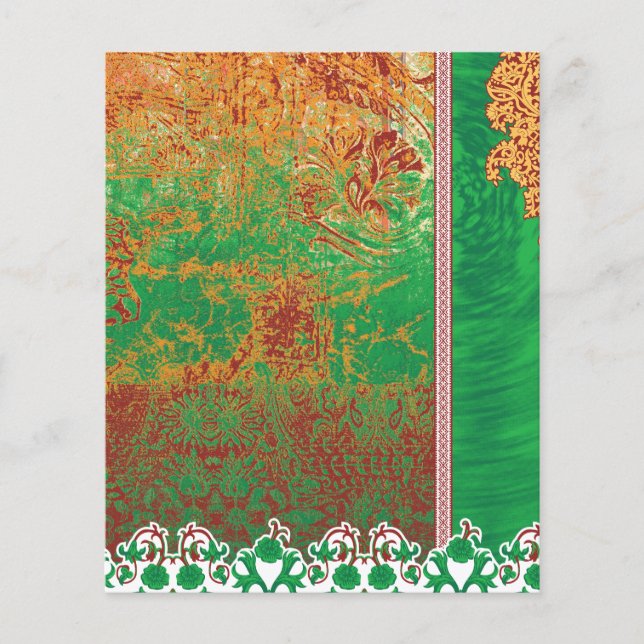 en målning av grönt fält med orange gräns flygblad (Framsidan)