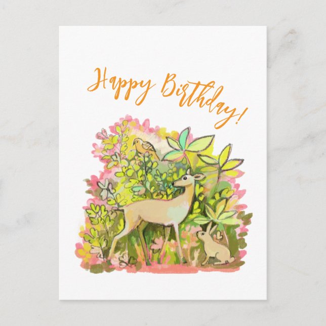 En målning av hjort, kanin och fågel vykort (Framsida)