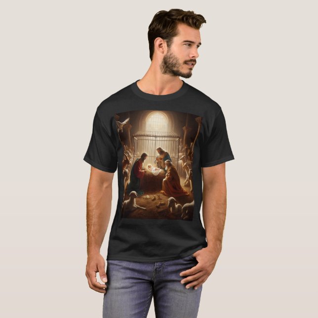 en målning av reyes magos i en bur med baby t shirt (Hel framsida)