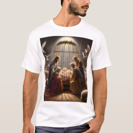 en målning av reyes magos och baby med en bur t shirt