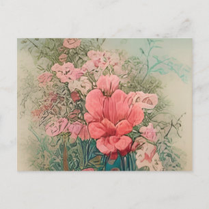 en målning av rosa blommor i blå vas inbjudan vykort