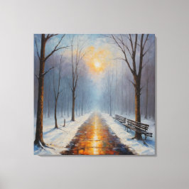 en målning av väg med bänkar och träd i canvastryck