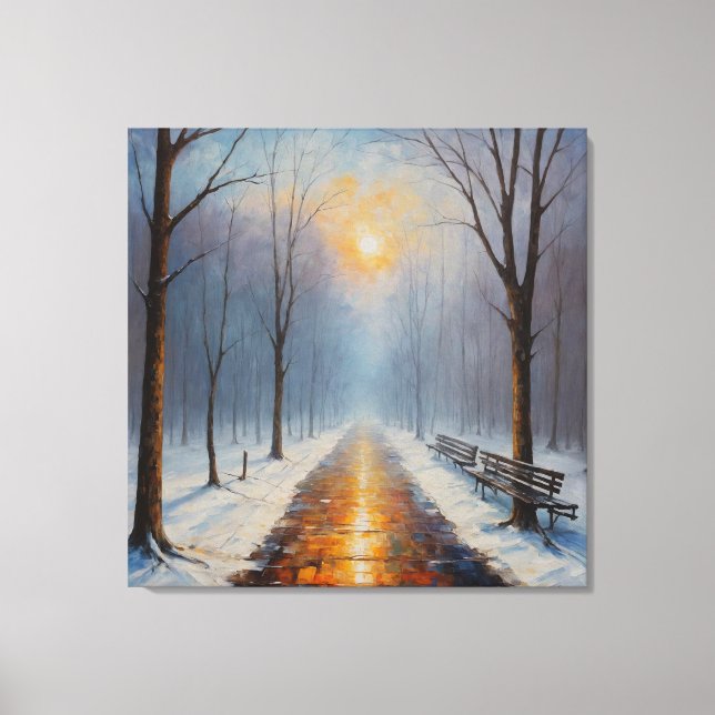 en målning av väg med bänkar och träd i canvastryck (Framsida)