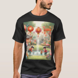 en målning med två barn som leker i fontän t shirt