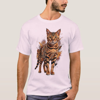 En målning med vakande ögon: En bengalkatt i en l T Shirt