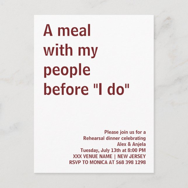 En måltid med mina människor innan "Jag gör" rolig Vykort (Framsida)