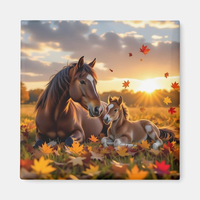 En mammahäst och hennes föl på hösten magnet (Framsidan)