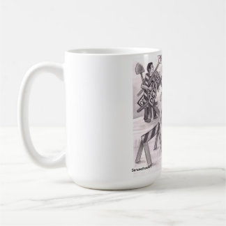 En man arg som pekar med fingret mot en annan man kaffemugg