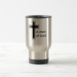 En man av den rostfria travel mug för gud resemugg