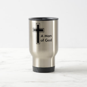 En man av den rostfria travel mug för gud resemugg