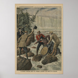 En man i en fat som korsar Niagara Falls Poster