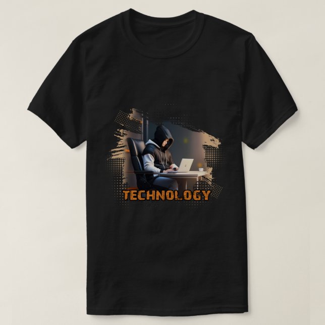 En man i hoodie sitta vid ett skrivbord med en bär t shirt (Design framsida)