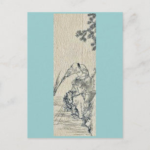 En man som fiskar från en flod Ukiyo-e. Vykort