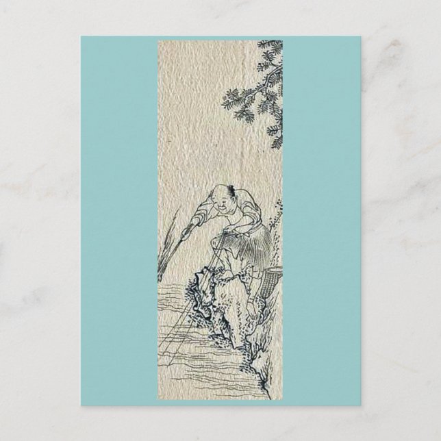 En man som fiskar från en flod Ukiyo-e. Vykort (Framsida)