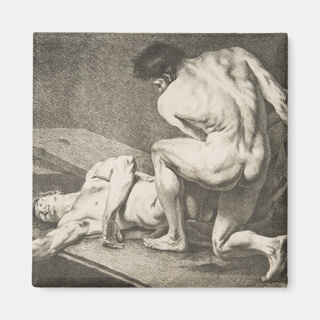 En man som lyfter en annan mans Ben Magnet (Framsidan)