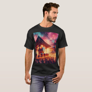en man står framför ett tempelfyrverkeri t shirt