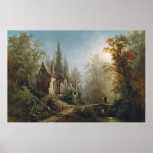 En månbelyst natt över ett chapel och rider poster