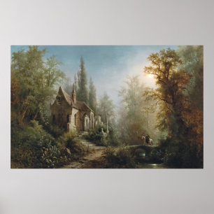 En månbelyst natt över ett chapel och riders - Rie Poster