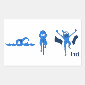 En mängd produkter med den blå Tri-toon-logotypen. Rektangulärt Klistermärke