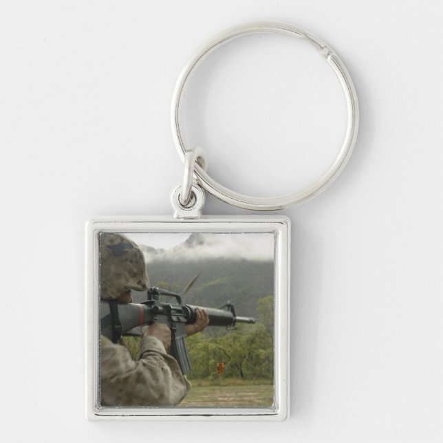 En marin ledningsövning fyrkantig silverfärgad nyckelring (Framsidan)