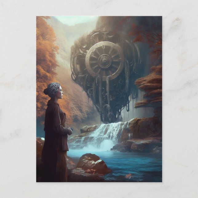 En märklig syn på naturens Steampunk Waterfall Vykort (Framsida)
