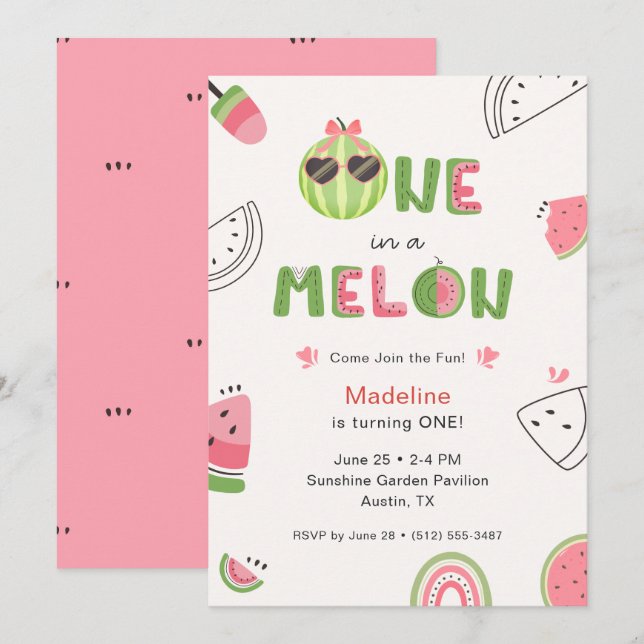 En melon vattenmelon Baby Flicka Första Födelsedag Inbjudningar (Fram/baksida)