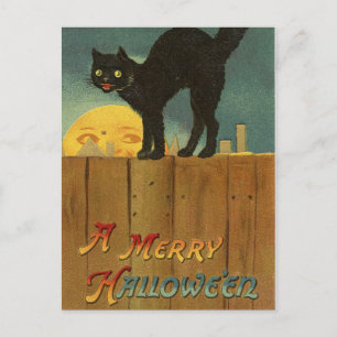 En Merry Halltois en Spooky Black Cat Vintage Art Vykort