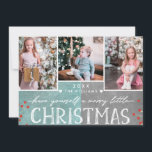 En Merry Little jul Family Photo Collage Julkort<br><div class="desc">En liten julfamiljs-Anpassningsbar 3 - Flat-kort för fotopassage. Med roligt,  modernt typsnitt,  Berries och en frostig teal- och träkolbakgrund! Byt ut dig med dina foton och skicka en speciell personlig till hälsning till familj och vänner!</div>