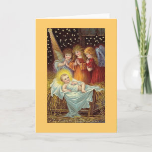 En Mery julänglar med babyen Jesus Helgkort