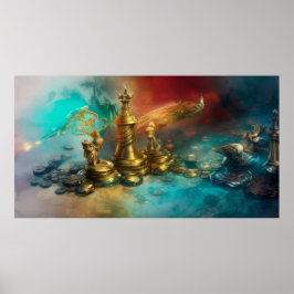 En modern abstrakt red teal guld chessboard figure poster