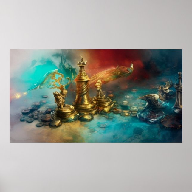 En modern abstrakt red teal guld chessboard figure poster (Framsidan)
