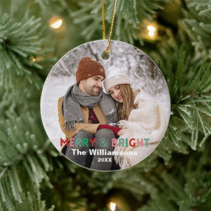 En modern färgglad glad och ljus familjefoto julgransprydnad keramik