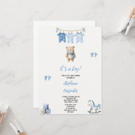 en modern kallelse till babydusch med blå björn inbjudningar
