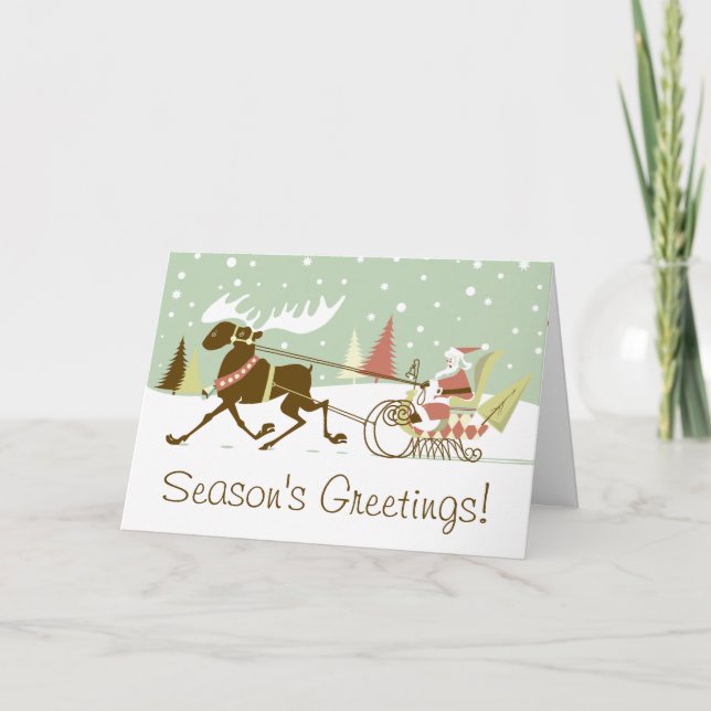 En Moose Open Sleigh Retro Jultomten jul Helgkort (Framsida)