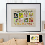 En morchilenare Laugh Quote 8 Photo Collage Almond Poster<br><div class="desc">Personligen poster utskrift för dina mor- och farföräldrar. Utformningen har åtta av dina favoritfoton som visas i fyrkantigt instagram-format på en neutralt-mandelbakgrund i färg. Citatet är skrivet i ornerad kalligrafi i oliv grönt och varma skuggor av gult genom bränd orange. Det står "ett barnbarns skratt är solljus i huset". Mallen...</div>