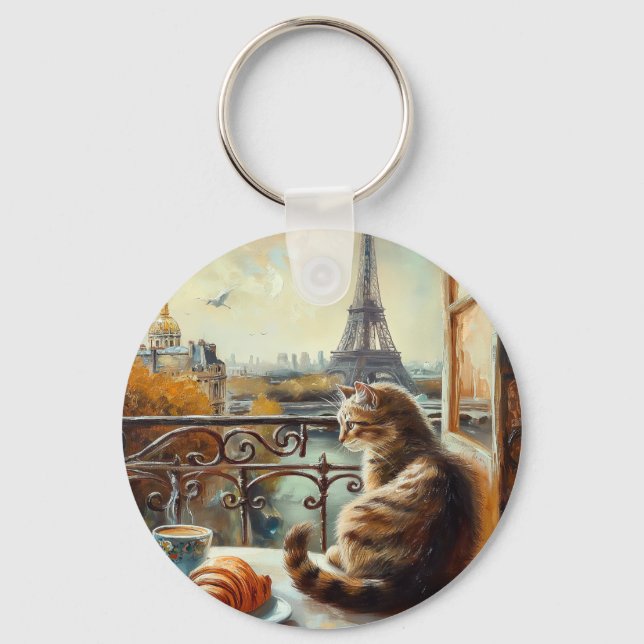 En morgon i Paris | Ginger Cat på ett kafé Nyckelring (Framsida)