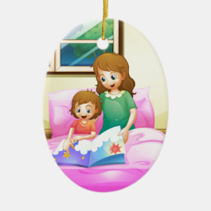 En morläsning med henne dotter julgransprydnad keramik