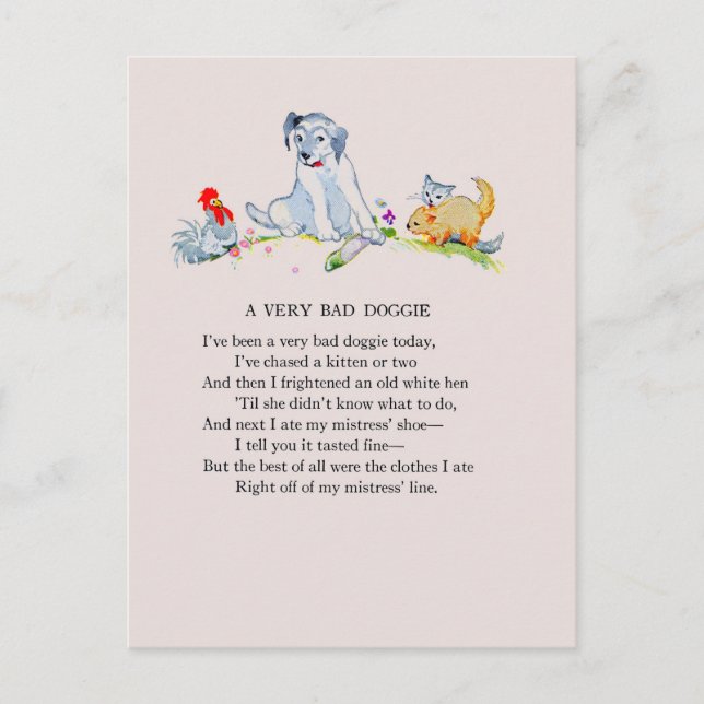 En mycket dålig doggie, dikt och teckning vykort (Framsida)