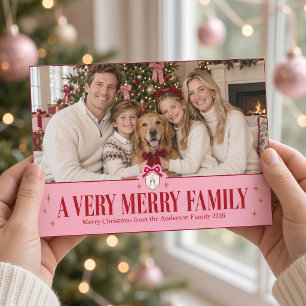 En Mycket Glad Familj Rosa Båge Crest Jul Foto Julkort